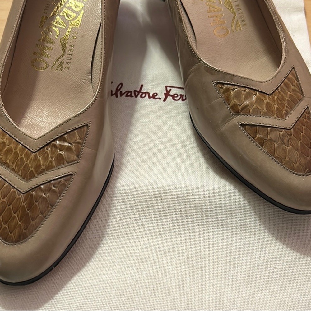 Salvatore Ferragamo Taupe Leather Vintage Heels with Snakeskin Detail